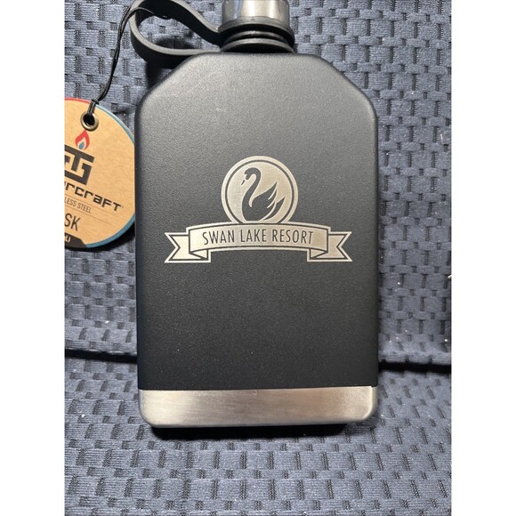 NIB Tempercraft 8oz Stainless Flask w/ Swan Lake Golf Resort Black NIB - Picture 1 of 6